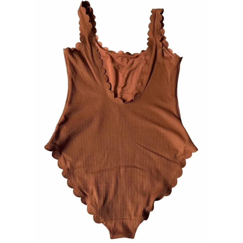 Aerie Swimsuit One Piece Waffle Scalloped‎ Brown Large